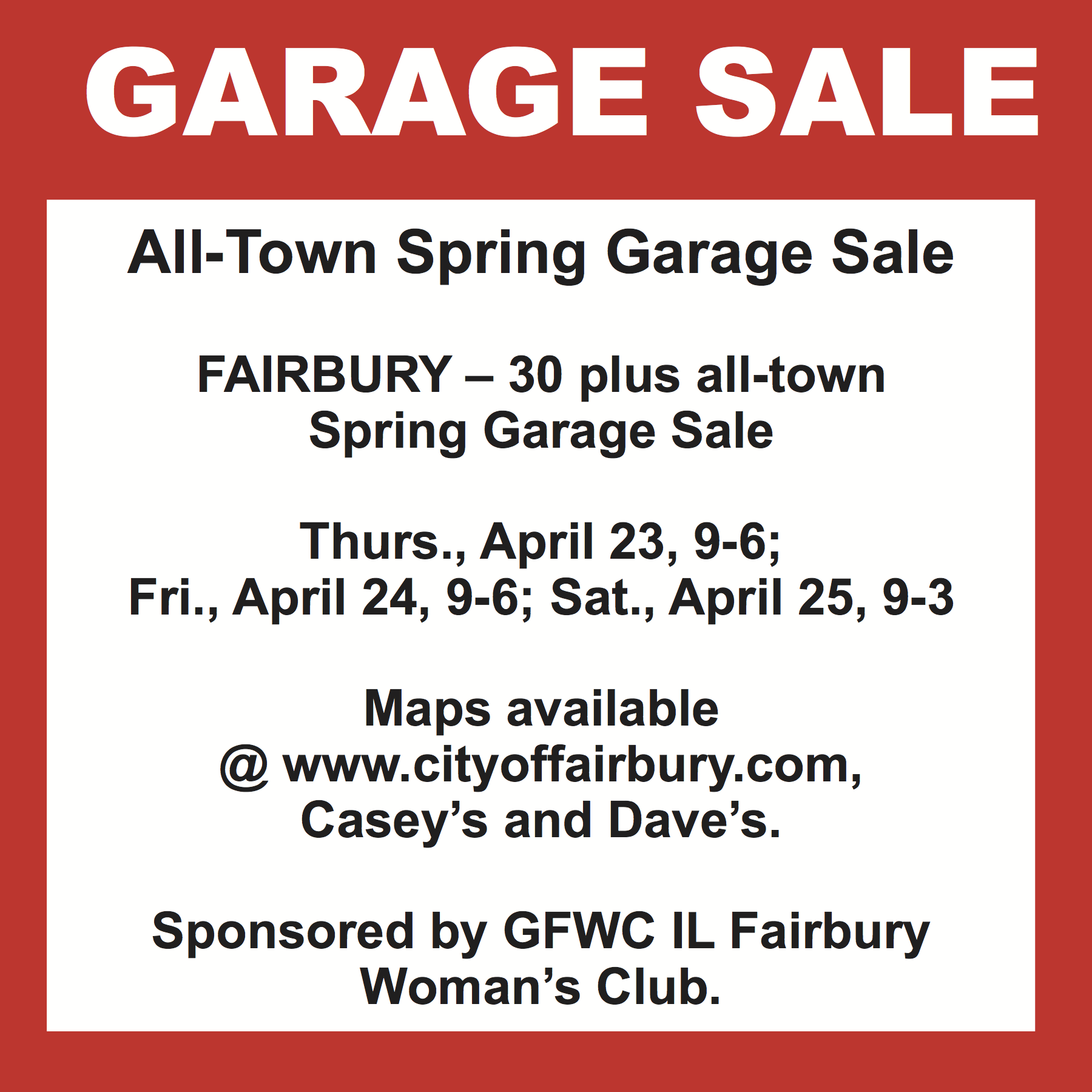 Fairbury All-Town Garage Sale – April 23, 24, and 25