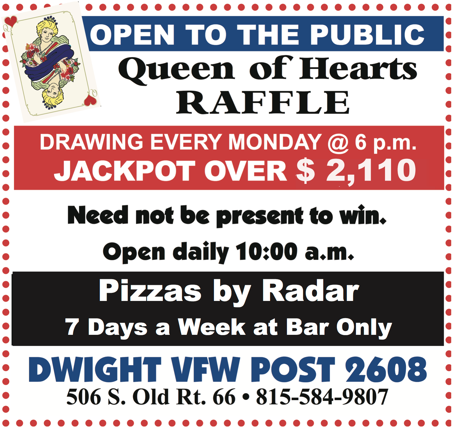 Dwight VFW Queen of Hearts Raffle • Next Drawing Monday, May 25