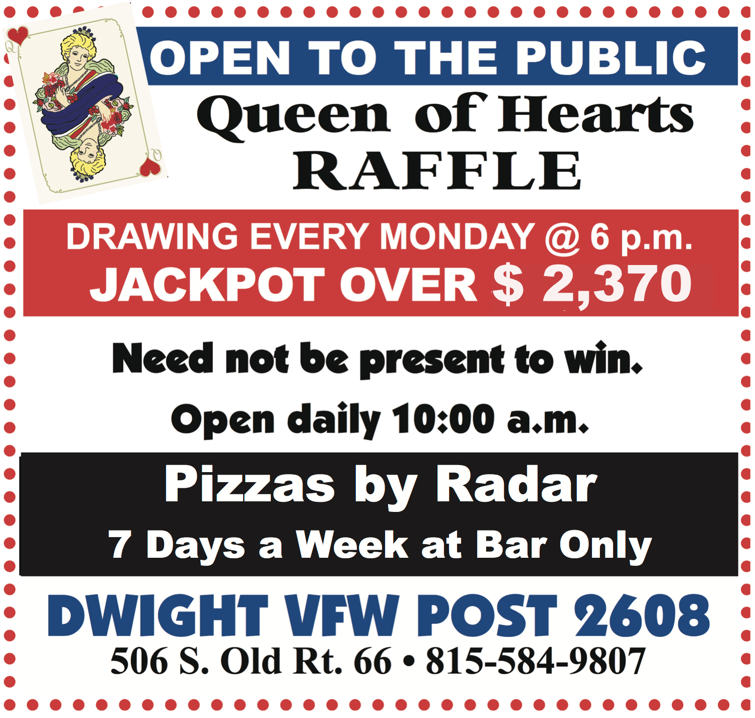 Dwight Queen of Hearts at Dwight VFW Rolls Over to $2,370