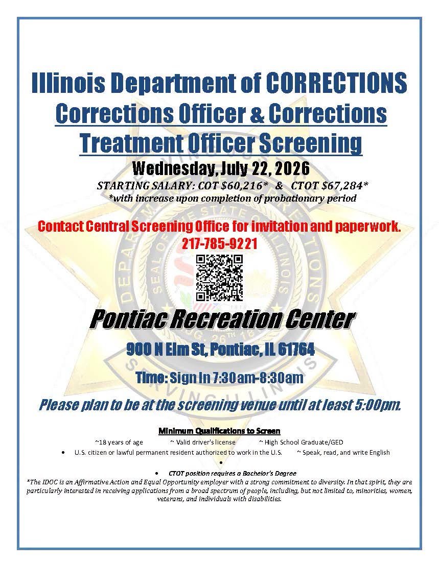 Illinois Department of Corrections will hold Employment Screening in Pontiac Wed., July 22