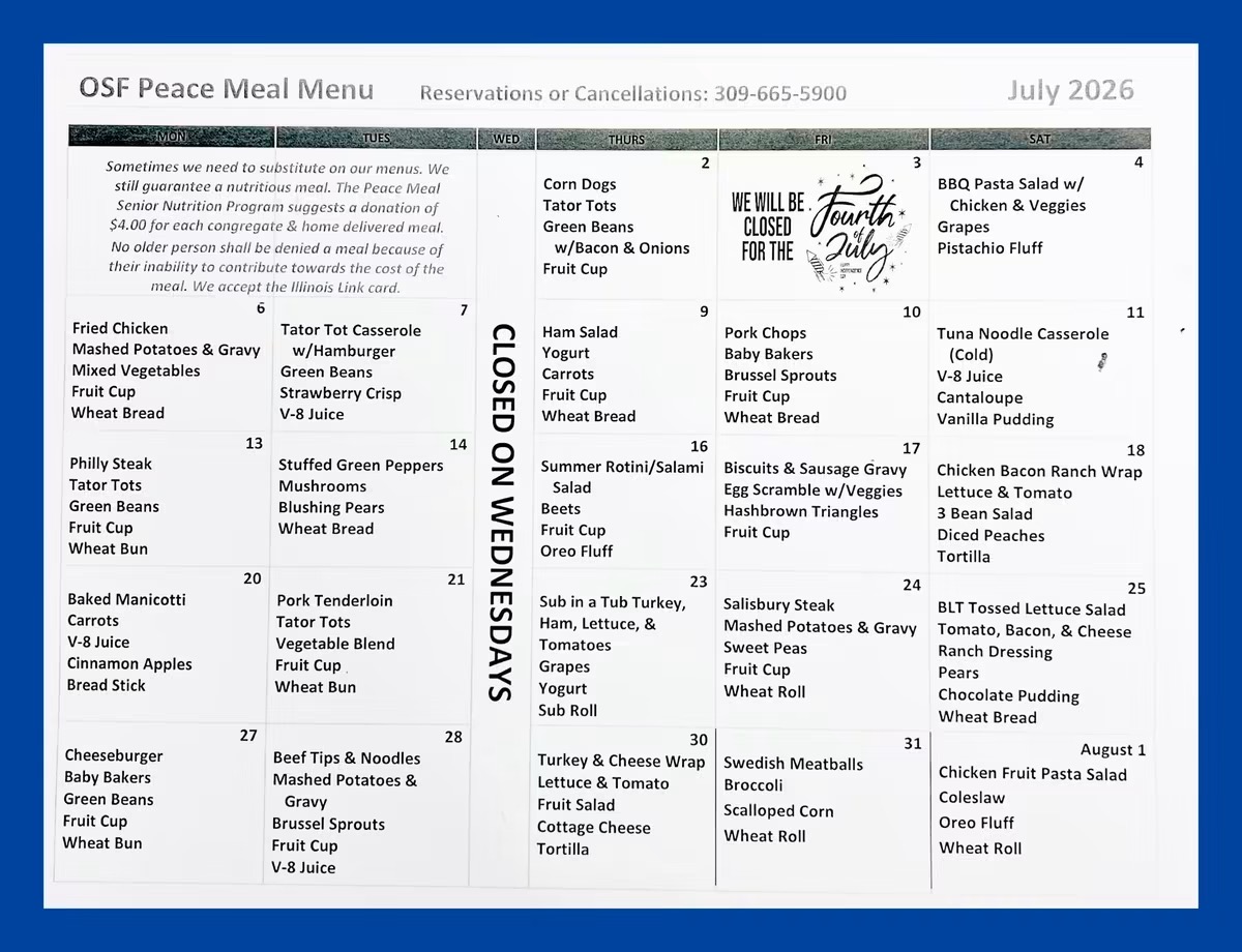 OSF Peace Meal Menu July