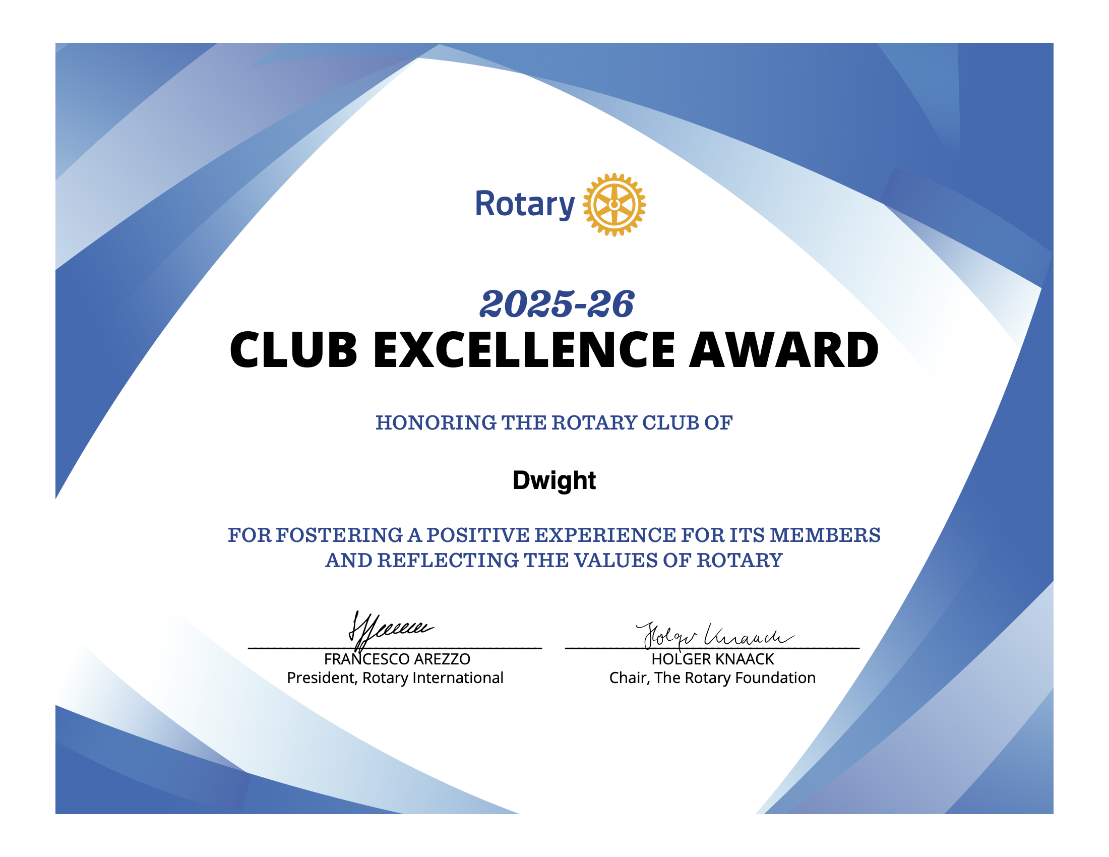 Dwight Rotary Club Receives “Club Excellence Award”