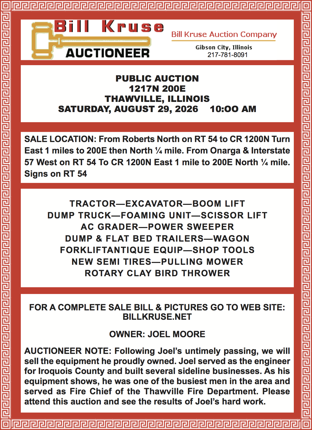 Public Auction – Thawville IL, Saturday, August 29